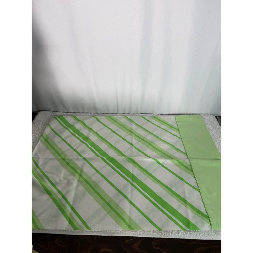 Vintage Cannon Monticello‎ Standard Pillowcase Green White Stripe No Iron Muslin